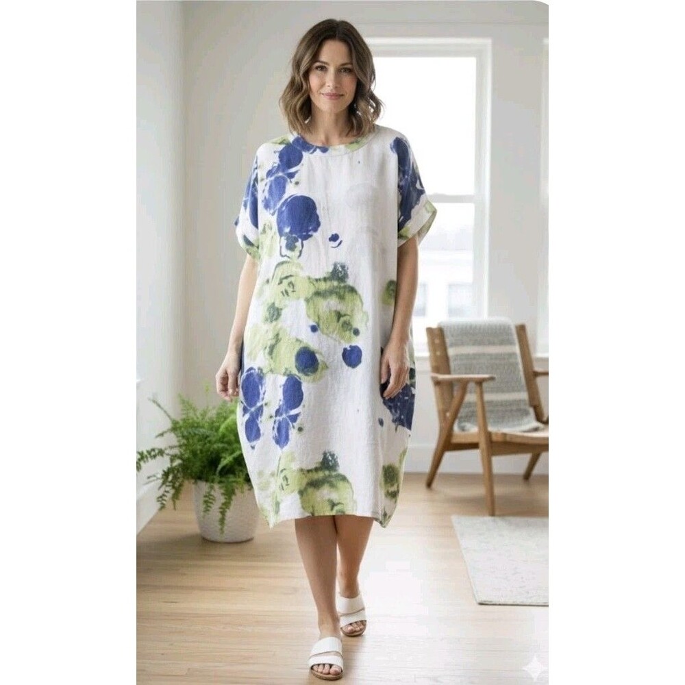 IC By Connie K Women’s Dress  Size S Linen Lagenlook Style  3/4 Sleeves USA